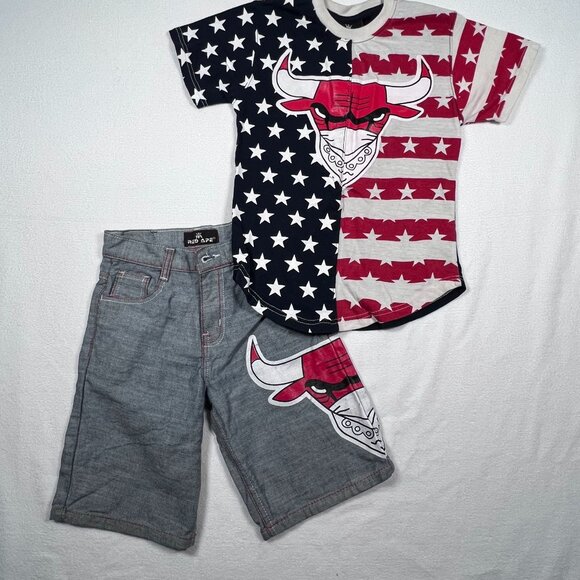 Red Ape Youth Size 8 Small Shorts and Shirt Set Bull Logo Red White Blue - Picture 1 of 9